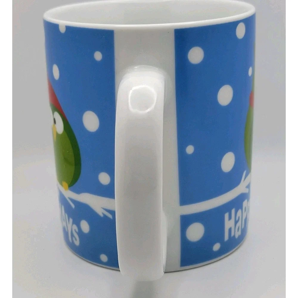 Pier 1 Happy Holidays Stoneware‎ Coffee Mug Blue Owl Christmas Whimsical Cozy